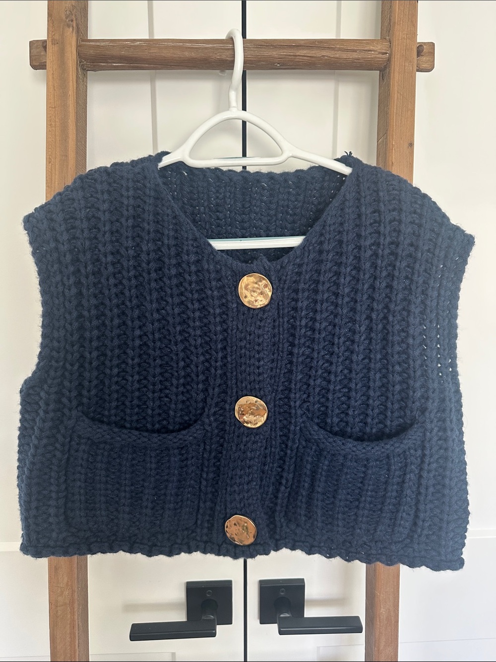 Navy Chunky Knit Button-Up Vest